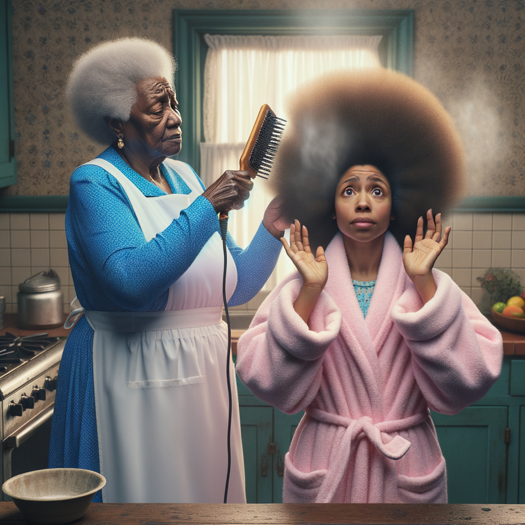 Create a realistic 3-D image of an african-American grandmother wearing a blue house dress and a white apron . She is in the kitchen with her african-American granddaughter. Her granddaughter is wearing a pink bath robe. The grandmother has a hot comb in her hand and she is straightening her granddaughters hair. One side of her granddaughters hair is in  a Afro the other straight 
There is smoke coming from the hot comb
The granddaughter is holding her ear and making a funny face