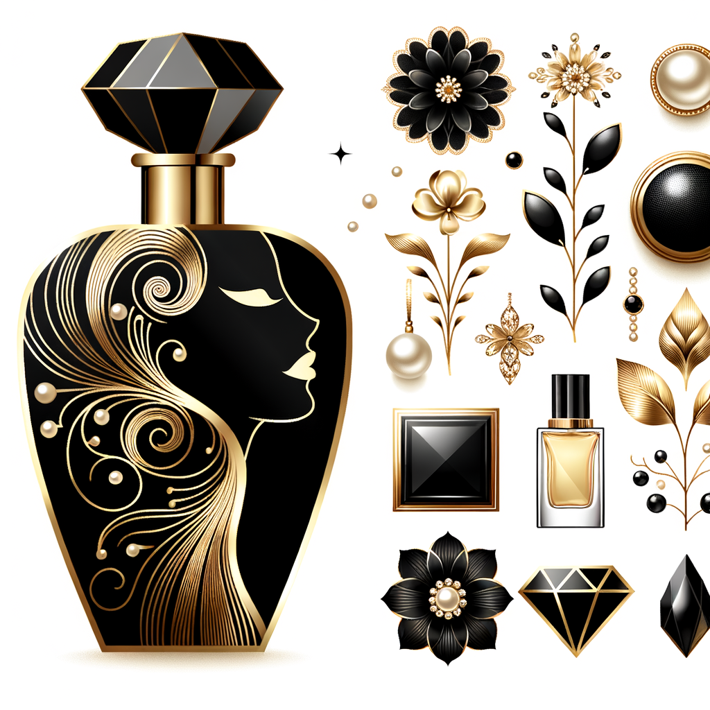 Design a fancy, black and gold bottle of perfume in the shape of a woman’s body. With a golden diamond top, flowers pearls and Diamonds in the name, Karen