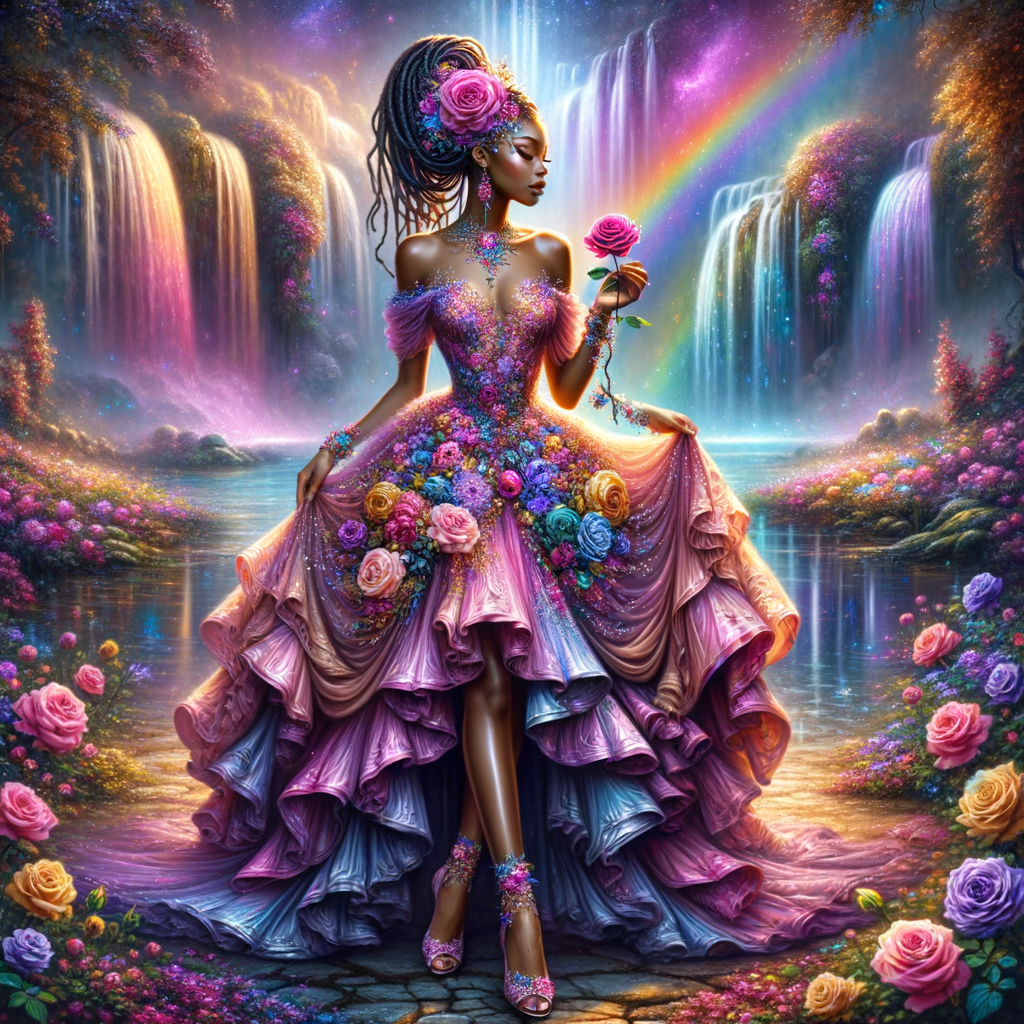 Remix Prompt
S/O Jackie Torres
S/O Panda Locke

create a animated style hyper realistic airbrush whimsical oil painting of a light African American woman wearing a flawless beautiful purple, pink, and gold blossom dress long flowing with colorful flowers and ruffles on the dress colorful jewelry made of flowers she has long black dreadlocks in a bun a colorful rose in her hair her peep toe shoes is matching her dress behind her is a beautiful waterfall liquid glowing lights beautiful colorful rainbow surrounded by beautiful roses.