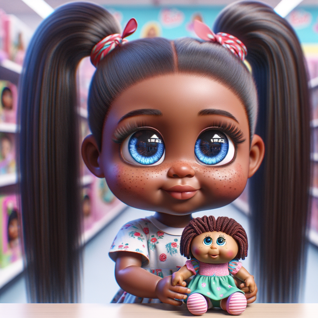 Create a 3-D realistic image of an African-American little girl above the age of five she has huge, blue eyes and thick long ponytails.
She is in a toy store and she is playing with her favorite african-American Cabbage Patch doll , the doll has deep, dimples and freckles