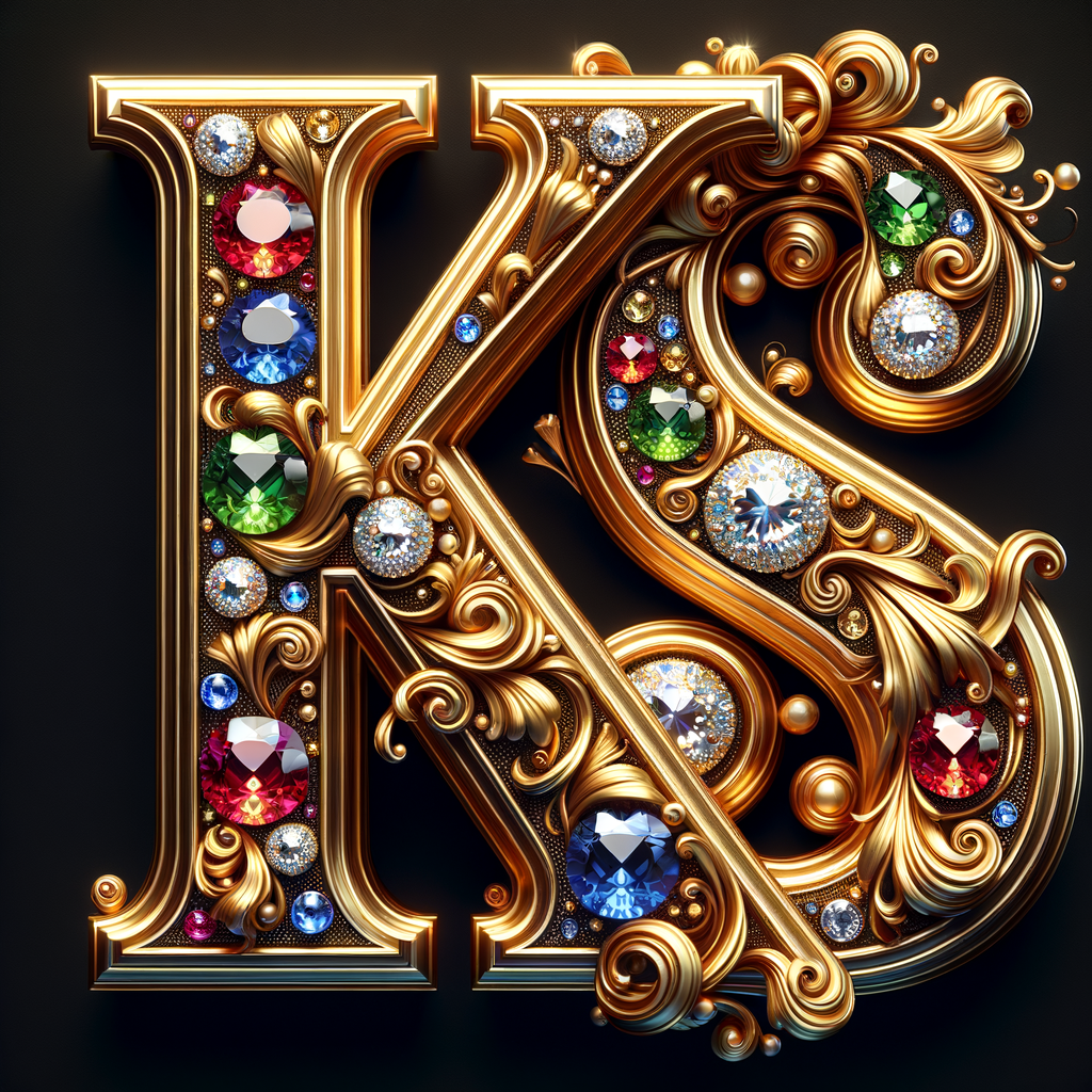 Create a 3-D realistic image with the letters  K.S. in gold raised letters , Add diamonds and colorful jewels