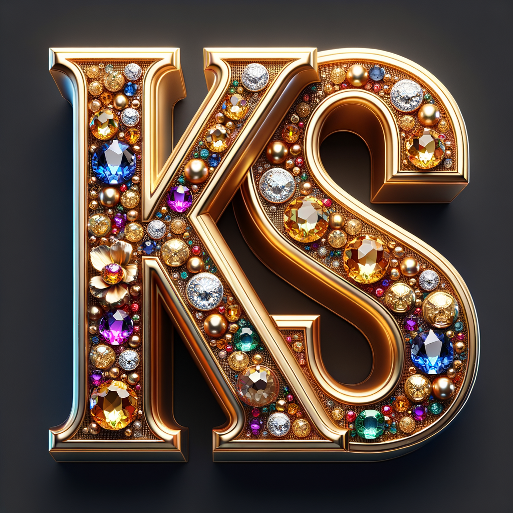 Create a 3-D realistic image with the letters  K.S. in gold raised letters , Add diamonds and colorful jewels