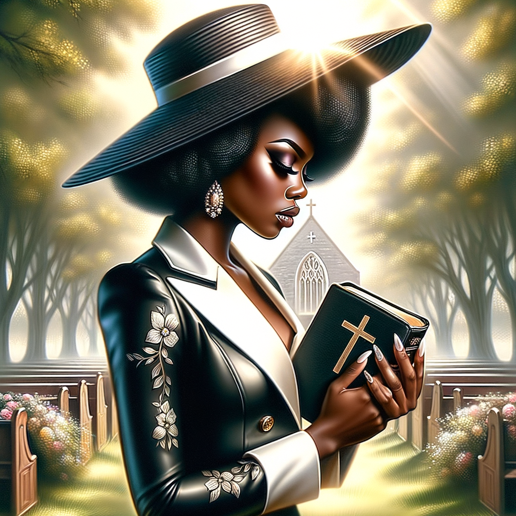 Render an airbrush oil painting of an African American woman with flawless makeup in a
contemplative pose, holding a Bible close to her heart, dressed in an elegant Sunday Best
outfit with a distinctive Church Hat. The background features a peaceful church garden,
with light filtering through the trees, highlighting her spiritual connection and the personal
moment of reflection. The artwork should capture the tranquility of the scene, the beauty
of her attire, and the depth of her contemplation, reflecting a serene and spiritually