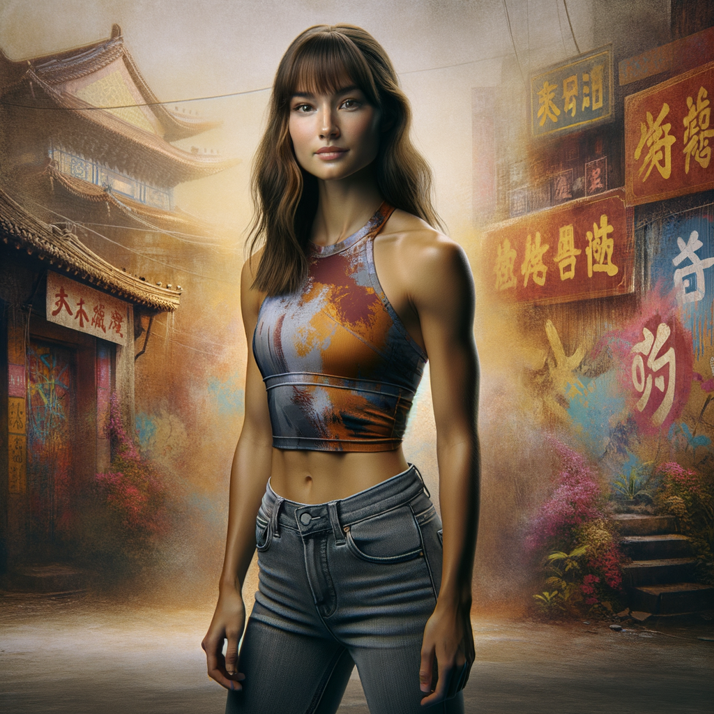 Athletic Thin skinny Attractive, Asian teenage girl, long brown hair and bangs, wearing tight skinny jeans and a halter top paint marks on her clothing, heroic pose Asian graffiti background, backside view