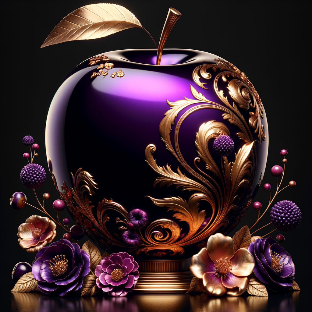 Envision a lustrous, oversized apple with a surface that gleams in a radiant shade of purple, as if lacquered to a high shine, reflecting light from its smooth, curvaceous form. The apple is adorned with elegant gold leaf patterns that swirl luxuriously around its contour, bringing a baroque opulence to its appearance. The stem, a bronzed sculpture in itself, supports a single leaf that seems to glow with an inner luminescence. At the apple’s base, a collection of flowers blooms, their petals softening the scene with organic shapes and colors that harmonize with the vibrant purple and gold. Incorporated into the metallic filigree in an artful script is the name "Karen," as if the apple were personally inscribed, enhancing the custom and bespoke quality of the piece.