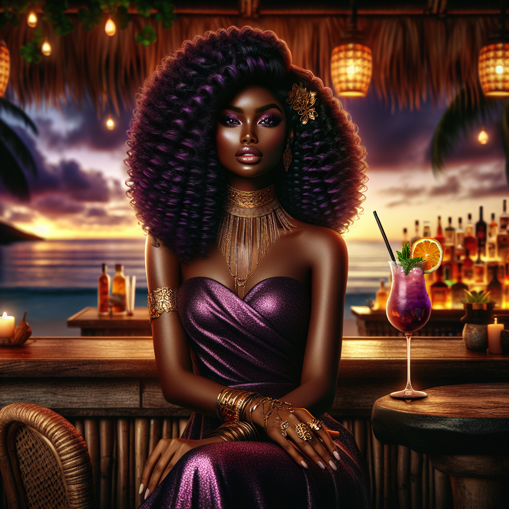 A digital airbrushed highly detailed, realistic stunning, confident Afro Latina woman with long voluminous deep purple curls, sitting at a luxurious tropical beachside bar at sunset. She wears a shimmering, form-fitting purple dress with gold embellishments, intricate jewelry, & elegant tattoos. Holding a vibrant cocktail garnished with an orange slice, she exudes mystery & allure. Background is a beautifully lit tiki-style bar with bottles of exotic liquors, glowing lanterns, palm trees, & a serene ocean view. The ambiance is sultry & glamorous, blending rich purples, warm golden lights, & deep tropical blues.