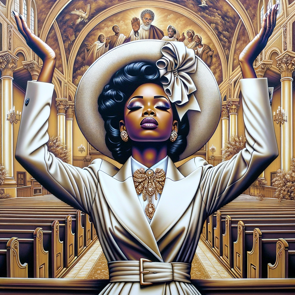 Render an airbrush oil painting of an African American woman with flawless makeup
kneeling at a church altar, her hands raised in a gesture of surrender to God. She's
dressed in stylish Sunday Best attire, with a particular focus on the delicate details of
her Church Hat. The background features a beautifully painted church interior, with the
oil paint texture enhancing the sacred atmosphere. The artwork should capture the
woman's devout expression, the elegance of her attire, and the spiritual ambiance of
the church setting, reflecting a moment of deep faith and devotion.