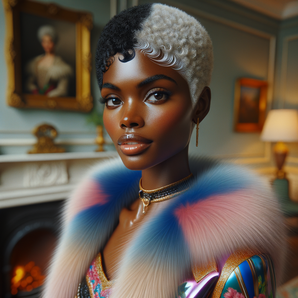 a full body veiw of a colorful gloss hyper realistic oil painting of a regal beautiful light skinned afro  American girlwith beautiful pixie cut one side of hair is black and the other side  of her hair white slick baby hair and furry white and pink and blue furry coat and outfit under the coat standing in living room with fireplace