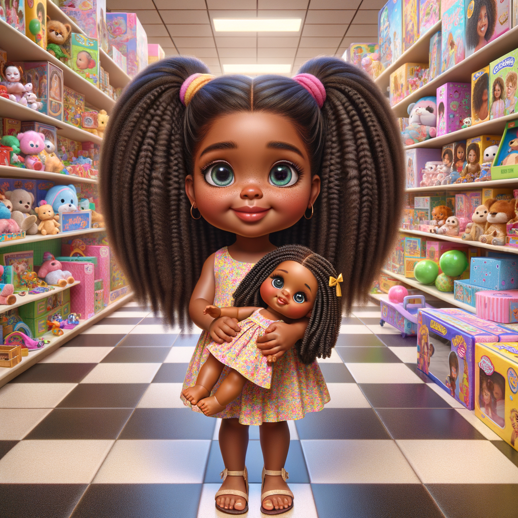 Create a 3-D image of an african-American, little girl inside of a very large toy store. The little girl has thick, ponytails and huge blue eyes. She is playing with her favorite doll, the doll is