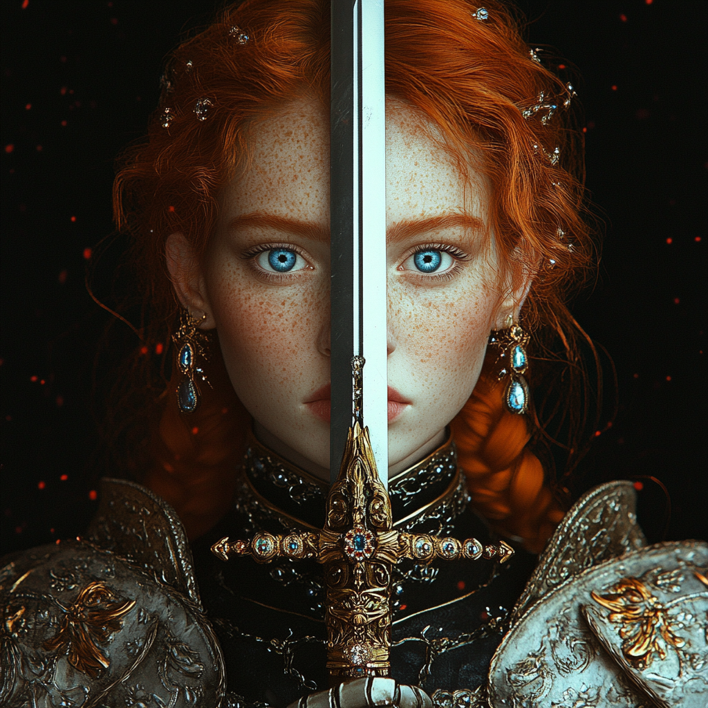 A below shoulder length red headed warrior with blue eyes and a round face carrying a jeweled sword.  Realistic photo of bust image