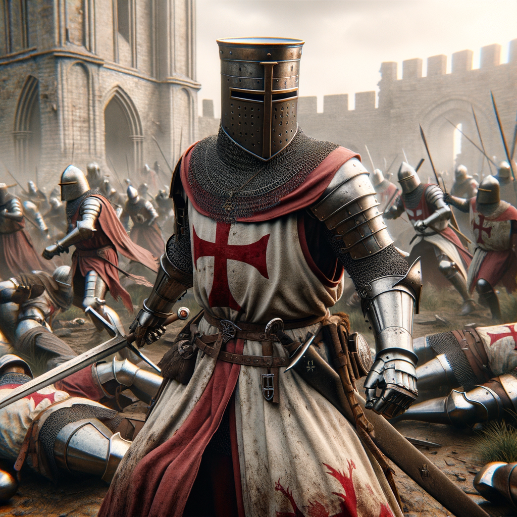 A Templar knight in a battle scene, ultra hyper photorealistic