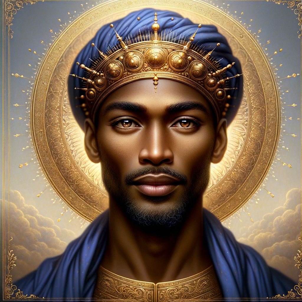 Create a beautiful African-American Jesus Christ with Hazel, brown eyes and blue and gold robe