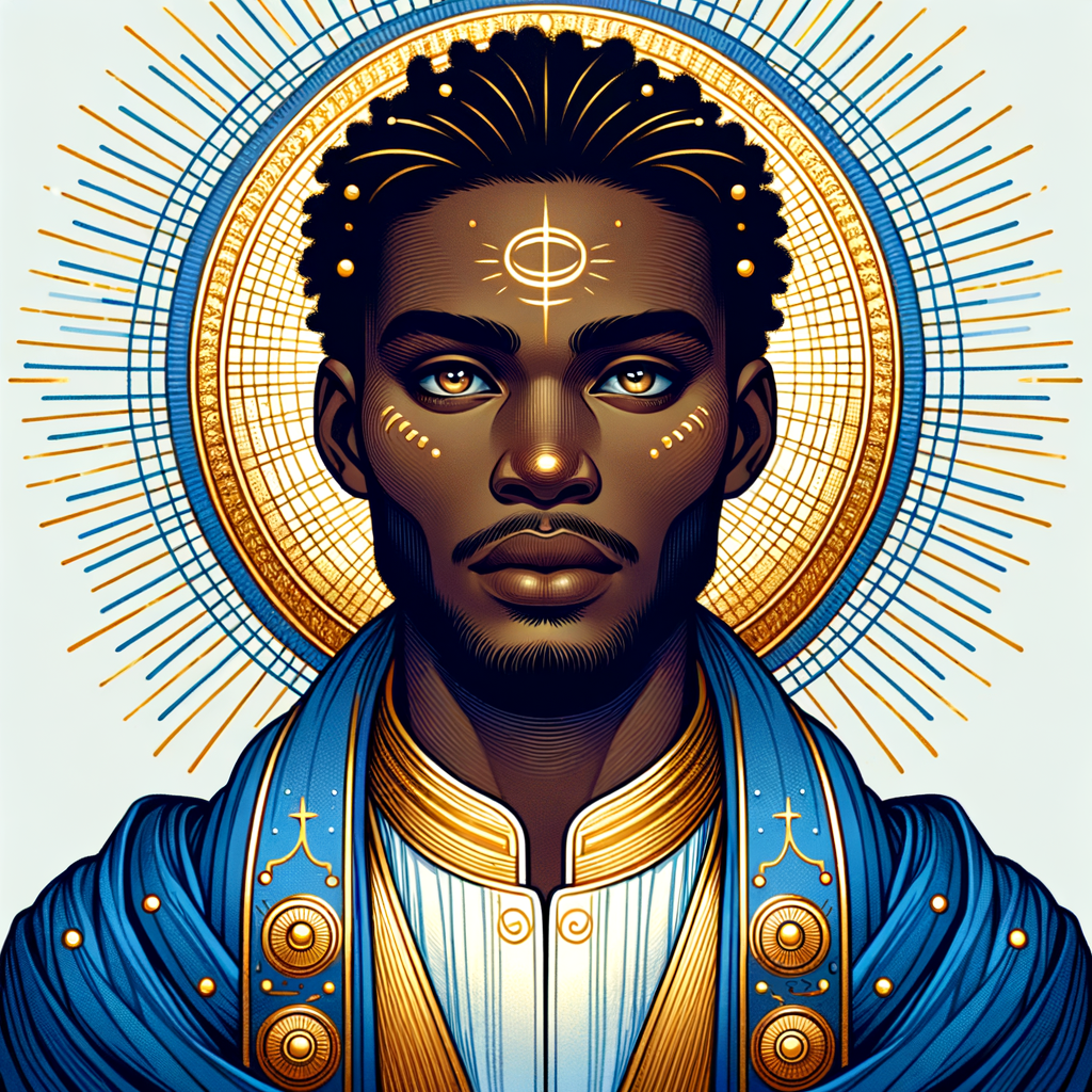 Create a beautiful African-American Jesus Christ with Hazel, brown eyes and blue and gold robe