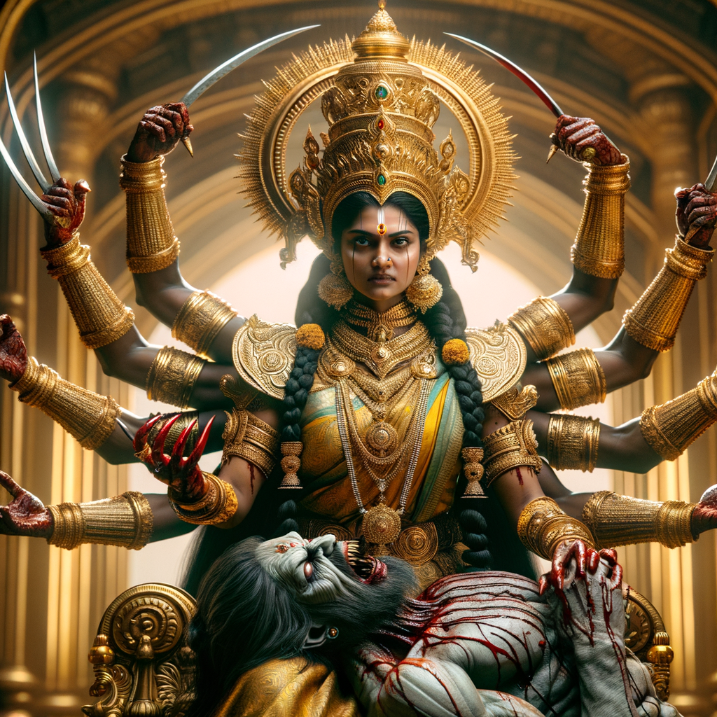 portrait of intense looking, four-armed indian goddess  sitting on a gold crown and carrying a weak mahishasur on her lap and poking his abdomen with her amazingly long red fingernails . She is wearing gold armor, a huge gold crown, gold saree, abundant  gold jewelry, covered in blood. The scene is set in ancient India. The image is 8K resolution, cinematic, photography, ultra detailed face and epic.