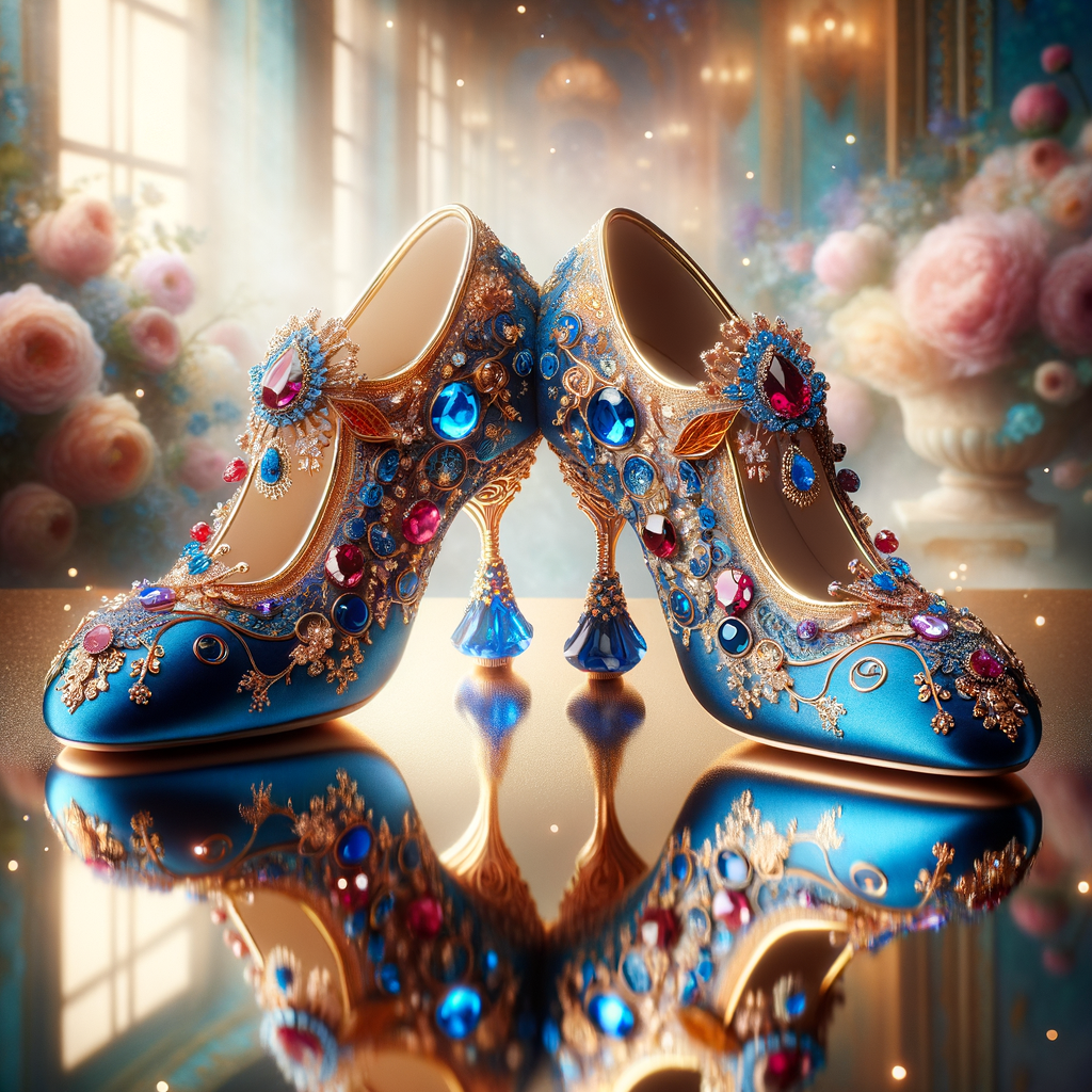 Imagine a pair of enchanting shoes, each a mirror image of the other, placed gracefully upon a regal surface. They are bathed in the soft, diffuse light that casts gentle reflections upon their silk fabric. These shoes are no ordinary footwear; they are a masterpiece of vibrant royal blue, adorned with ornate golden filigree and a multitude of glittering jewels in various hues—rubies, sapphires, emeralds, and delicate pink diamonds. Each shoe boasts an elegant, curved heel in a matching vivid blue, with tiny red and blue gems accenting the base. The shoes are positioned against a backdrop of soft-focus flowers, their pastel colors complementing the rich tones of the shoes, with hints of gold framing providing a touch of opulence. This image captures the essence of a fairy tale brought to life, a visual symphony of color and splendor.