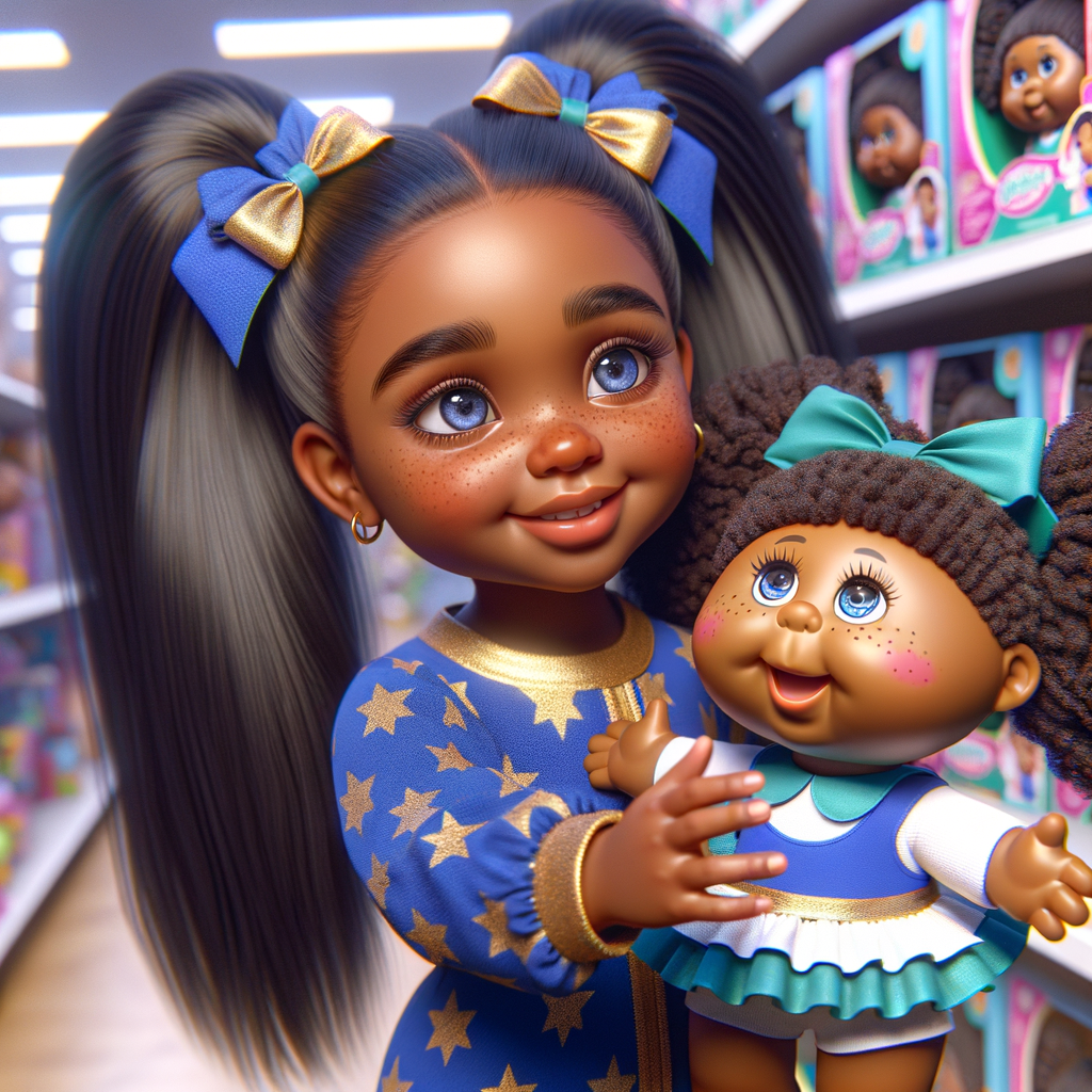 Create a 3-D image of an african-American little girl inside of a medium size, toy store. The little girl has thick long, ponytails and huge blue eyes. She has on a gold and blue jumpsuit with matching bows, She is playing with her favorite african-American cabbage patch doll, the doll has deep, dimples, and freckles and looks just like her