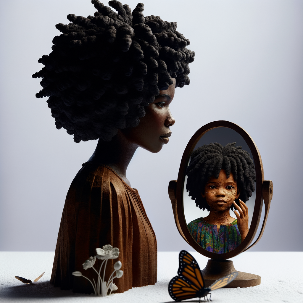 Create a 3-D realistic beautiful African-American  women with thick curly black hair
Looking at herself in the mirror, but the reflection she sees is a child, and she is no longer beautiful. She is ugly with scars. There is a fallen butterfly.