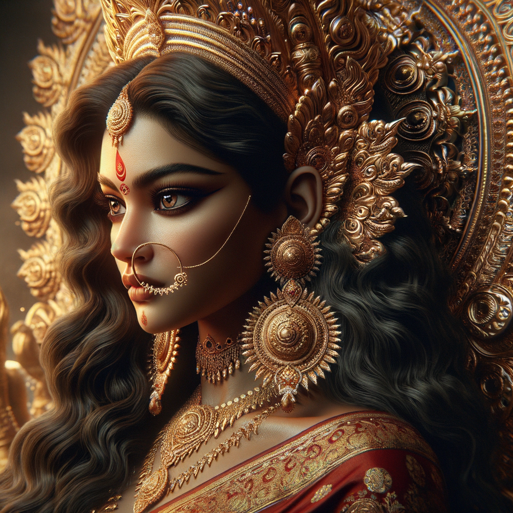 Side view portrait of gorgeous and angry goddess durga. intricately detailed depiction of a goddess. gold jewelry all over body. sharp nose, light skin, beautiful brown eyes, wavy black hair, ultra detailed face. Wearing red saree, a lot of ear piercings, uhd, hdr, 64k, epic scene. Photography, ultra detailed face, epic, 8K