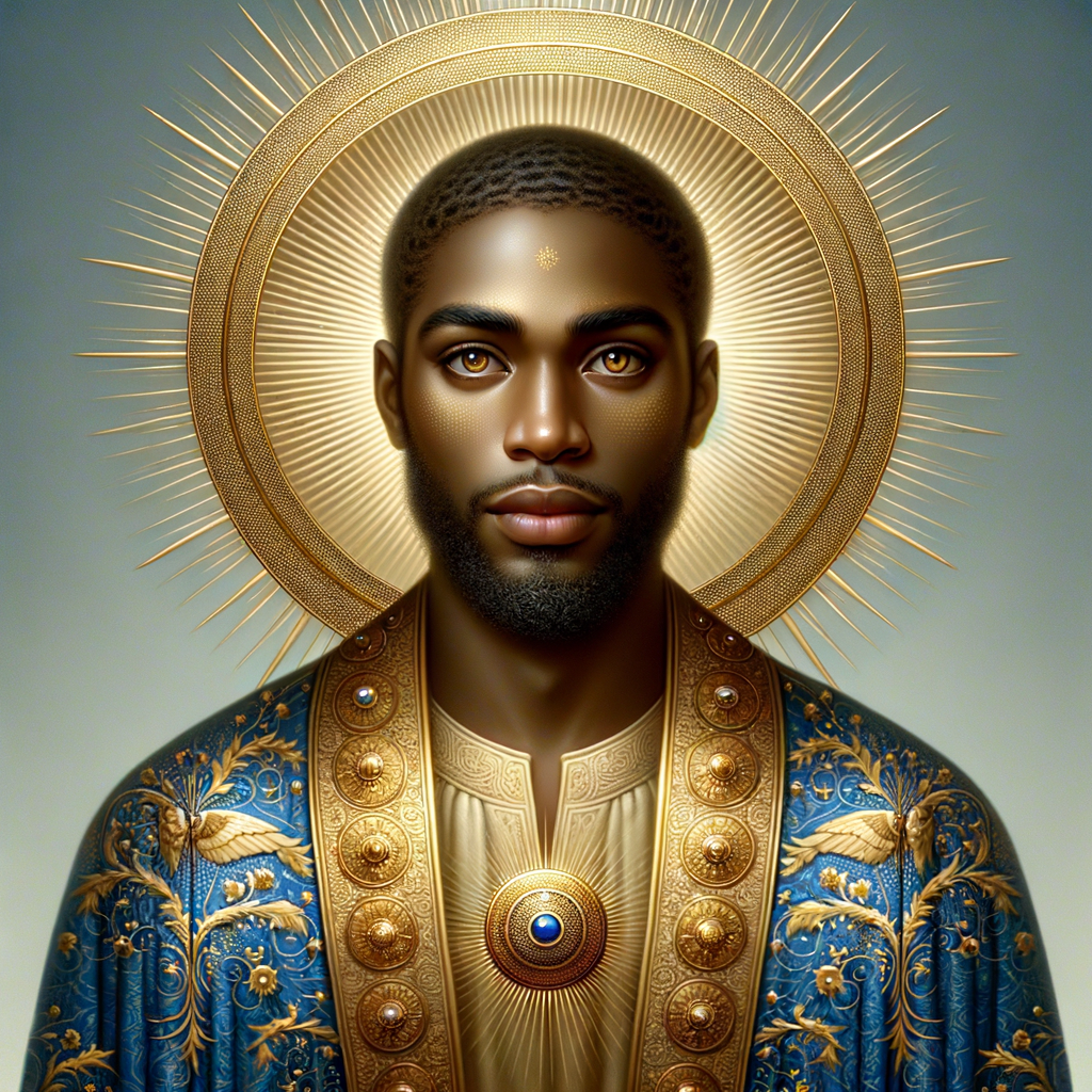 Create a beautiful African-American Jesus Christ with Hazel, brown eyes and blue and gold robe