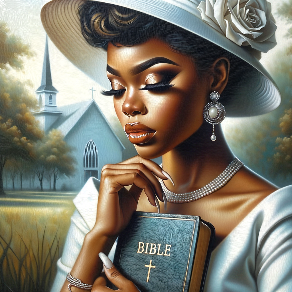 Render an airbrush oil painting of an African American woman with flawless makeup in a
contemplative pose, holding a Bible close to her heart, dressed in an elegant Sunday Best
outfit with a distinctive Church Hat. The background features a peaceful church garden,
with light filtering through the trees, highlighting her spiritual connection and the personal
moment of reflection. The artwork should capture the tranquility of the scene, the beauty
of her attire, and the depth of her contemplation, reflecting a serene and spiritually