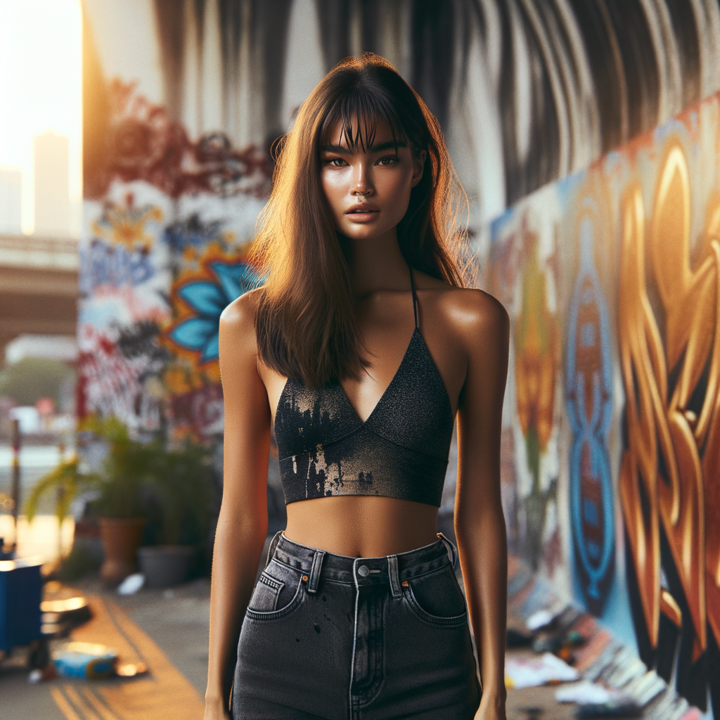 Athletic Thin skinny Attractive, Asian teenage girl, long brown hair and bangs, wearing tight skinny jeans and a halter top paint marks on her clothing, heroic pose Asian graffiti background, backside view