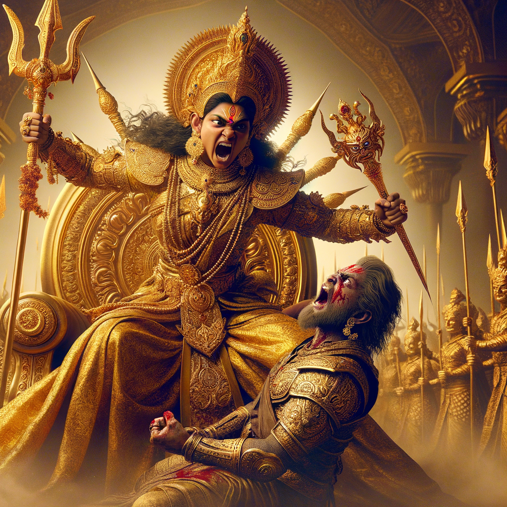 portrait of angry looking goddess durga sitting on a gold crown and carrying a weak mahishasur on her lap and stabbing him with her amazingly designed trident. She is wearing gold armor, a huge gold crown, gold saree, abundant  gold jewelry, covered in blood. The scene is set in ancient India. The image is 8K resolution, cinematic, ultra detailed face and epic.