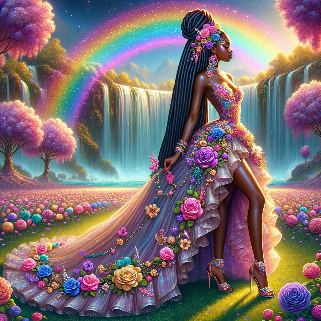 Remix Prompt
S/O Jackie Torres
S/O Panda Locke

create a animated style hyper realistic airbrush whimsical oil painting of a light African American woman wearing a flawless beautiful purple, pink, and gold blossom dress long flowing with colorful flowers and ruffles on the dress colorful jewelry made of flowers she has long black dreadlocks in a bun a colorful rose in her hair her peep toe shoes is matching her dress behind her is a beautiful waterfall liquid glowing lights beautiful colorful rainbow surrounded by beautiful roses.