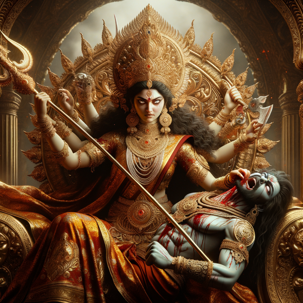 portrait of angry looking goddess durga, sitting on a gold crown and carrying a weak mahishasur on her lap and stabbing him with her amazingly designed trident. She is wearing gold armor, a huge gold crown, red saree, abundant gold jewelry, covered in blood. The scene is set in ancient India. The image is 8K resolution, cinematic, ultra detailed face and epic.