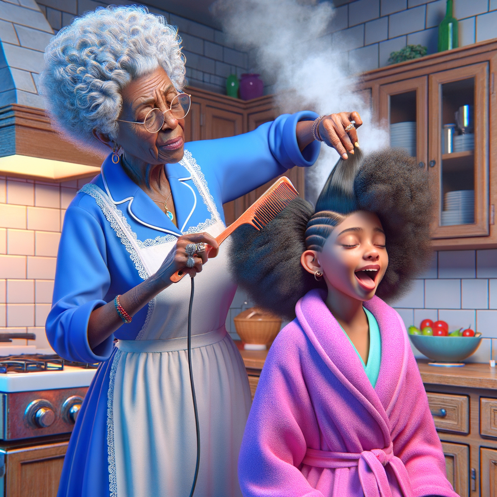 Create a realistic 3-D image of an african-American grandmother wearing a blue house dress and a white apron . She is in the kitchen with her african-American granddaughter. Her granddaughter is wearing a pink bath robe. The grandmother has a hot comb in her hand and she is straightening her granddaughters hair. One side of her granddaughters hair is in  a Afro the other straight 
There is smoke coming from the hot comb
The granddaughter is making a face