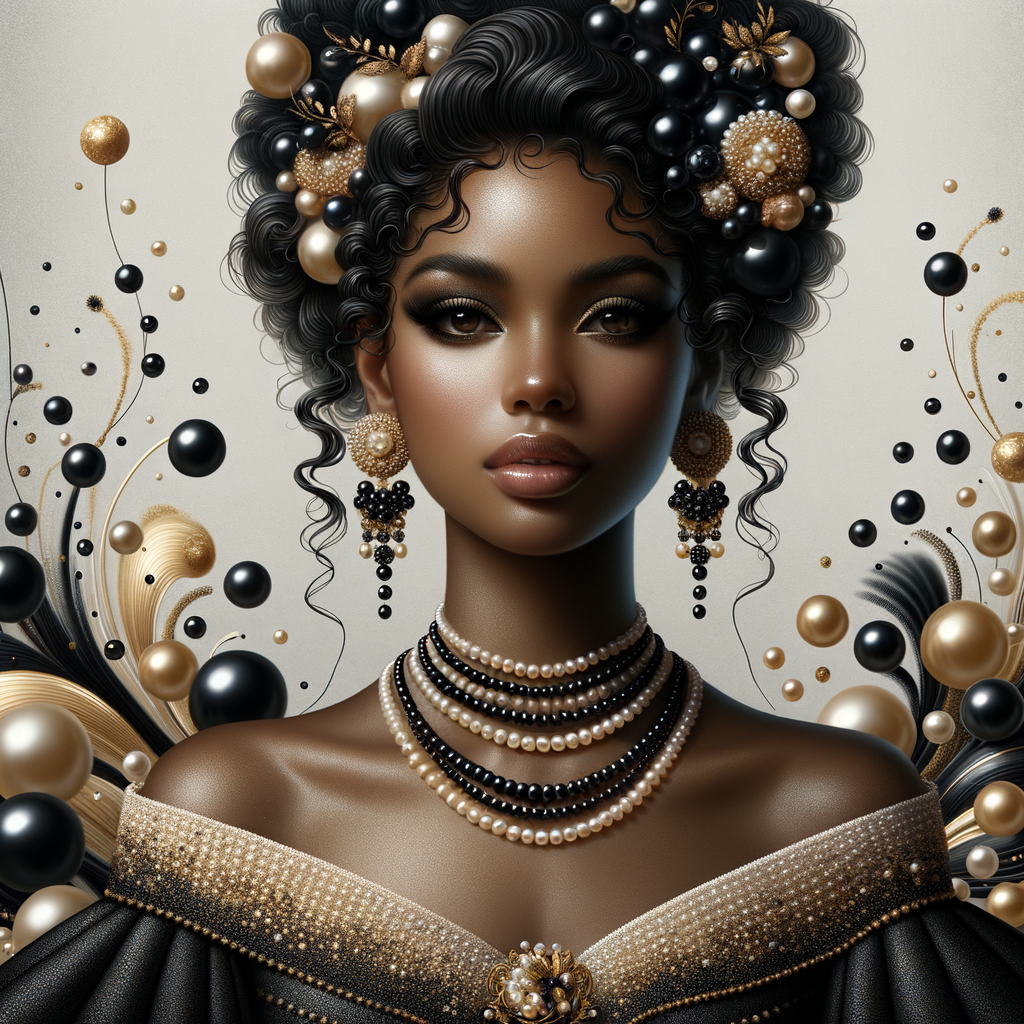 Imagine a digital portrait of a light skinned African-American Latino regal woman named KAREN Her attire and accessories are exclusively adorned with black and gold pearls. They grace her voluminous hair, styled in an elegant updo, where the black pearls form the roots and the gold pearls create the stunning curls. Her ears boast chandelier earrings, with black pearls clustered at the top, transitioning to gold pearls that dangle with delicate grace. Around her neck, a tiered necklace cascades with strands of alternating black and gold pearls, reflecting a sophisticated contrast.

Her shoulders are draped with a luxurious off-shoulder gown, the fabric's weave incorporating intricate patterns formed by black and gold pearls. The gown's texture has a subtle sheen, suggesting a high-quality material with a pearlescent finish. As a centerpiece, a grand brooch sits at her collar, with a large gold pearl surrounded by an elaborate design of smaller black pearls.

The background of the portrait features an abstract composition of floating pearls, swirling in a dance of shadows and light, emphasizing the color theme of black and gold. The name "KAREN" is discreetly integrated into the lower right corner of the artwork, blending seamlessly with the design, as if it were a signature part of the jewelry ensemble. The overall effect is one of timeless elegance, a blend of modern design and classic beauty, all tied together by the luxurious palette of black and gold.