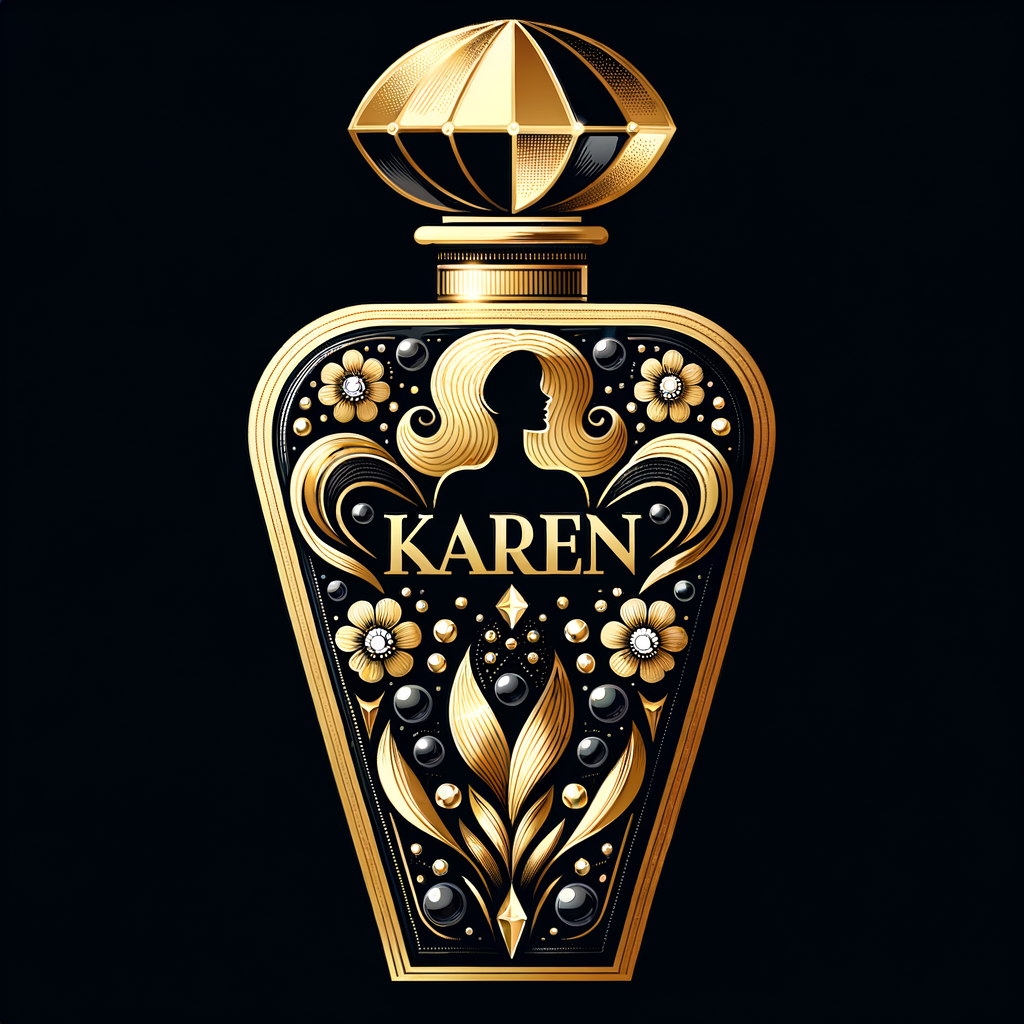 Design a fancy, black and gold bottle of perfume in the shape of a woman’s body. With a golden diamond top, flowers pearls and Diamonds in the name, Karen