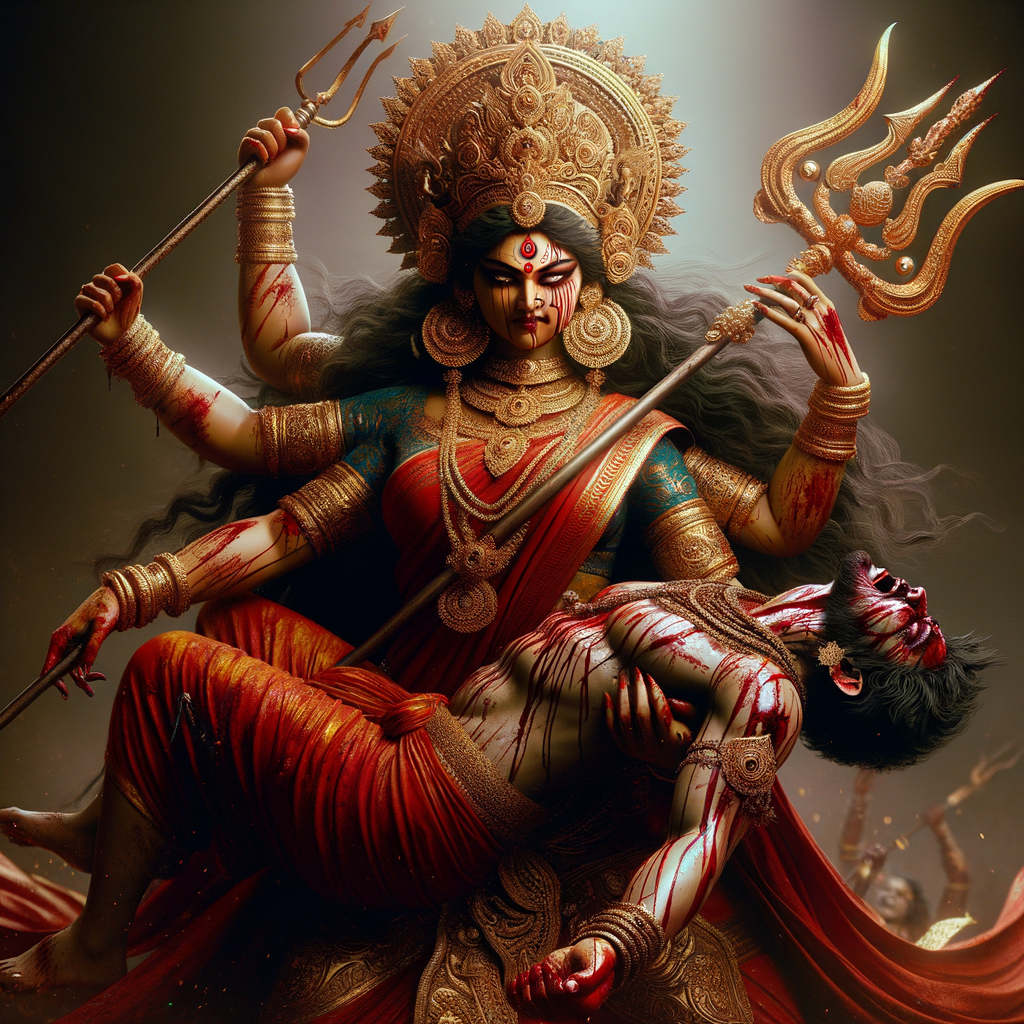 portrait of angry looking goddess durga  carrying a weak mahishasur in her arms and stabbing him with her amazingly designed trident. She is wearing a huge gold crown, red saree, abundant  gold jewelry, covered in blood. The scene is set in ancient India. The image is 8K resolution, cinematic, ultra detailed face and epic.