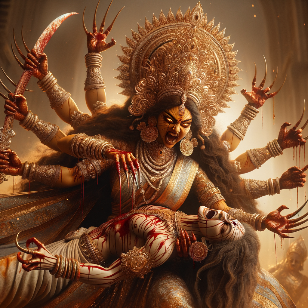 portrait of angry looking goddess durga  carrying a weak mahishasur in her arms and poking him with her amazingly long red fingernails. She is wearing a huge gold crown, white saree, abundant  gold jewelry, covered in blood. The scene is set in ancient India. The image is 8K resolution, cinematic, ultra detailed face and epic.