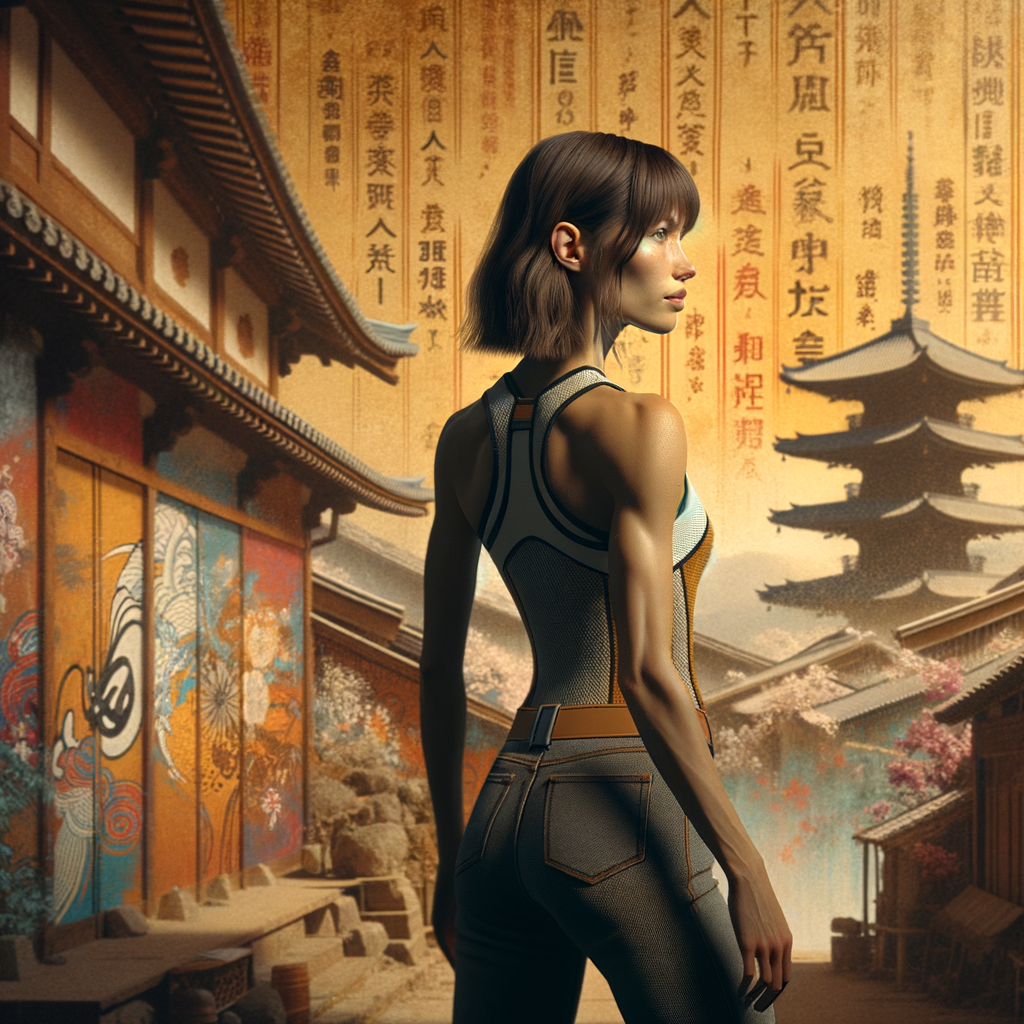 Athletic Thin skinny Attractive, Asian teenage girl, long brown hair and bangs, wearing tight skinny jeans and a halter top paint marks on her clothing, heroic pose Asian graffiti background, backside view