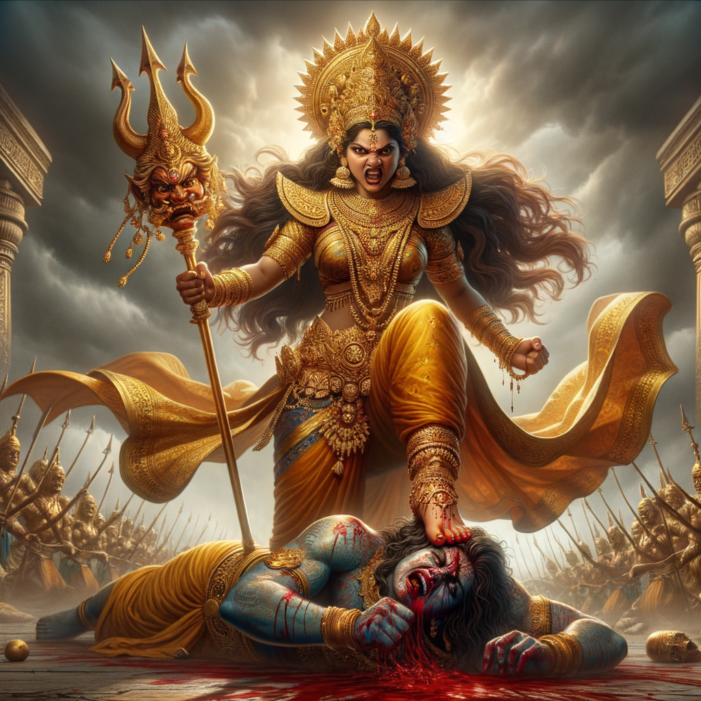 portrait of angry looking, indian goddess trampling a defeated mahishasur with her foot, while he is lying on the ground, she has a trident in her hand. She is wearing gold armor, a huge gold crown, gold saree, abundant  gold jewelry, covered in blood. The scene is set in ancient India. The image is 8K resolution, cinematic, photography, ultra detailed face and epic.