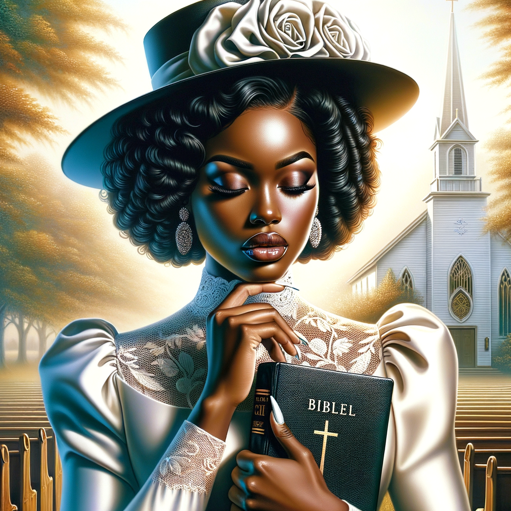 Render an airbrush oil painting of an African American woman with flawless makeup in a
contemplative pose, holding a Bible close to her heart, dressed in an elegant Sunday Best
outfit with a distinctive Church Hat. The background features a peaceful church garden,
with light filtering through the trees, highlighting her spiritual connection and the personal
moment of reflection. The artwork should capture the tranquility of the scene, the beauty
of her attire, and the depth of her contemplation, reflecting a serene and spiritually