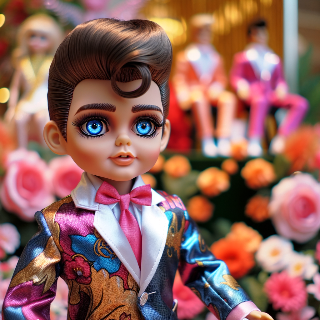 Elvis Presley doll with huge blue eyes flowers in the background