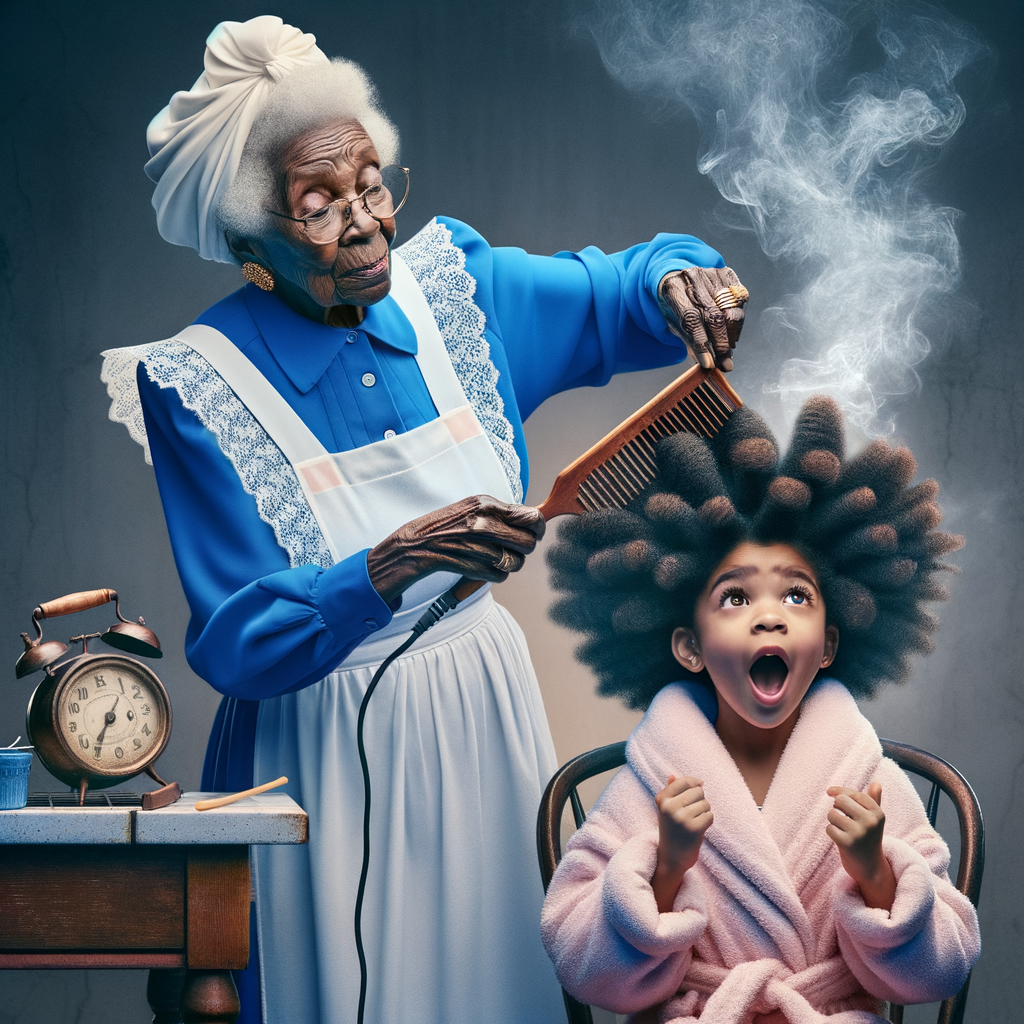 Create a realistic 3-D image of an african-American grandmother wearing a blue house dress and a white apron . She is in the kitchen with her african-American granddaughter. Her granddaughter is wearing a pink bath robe. The grandmother has a hot comb in her hand and she is straightening her granddaughters hair. One side of her granddaughters hair is in  a Afro the other straight 
There is smoke coming from the hot comb
The granddaughter is making a face