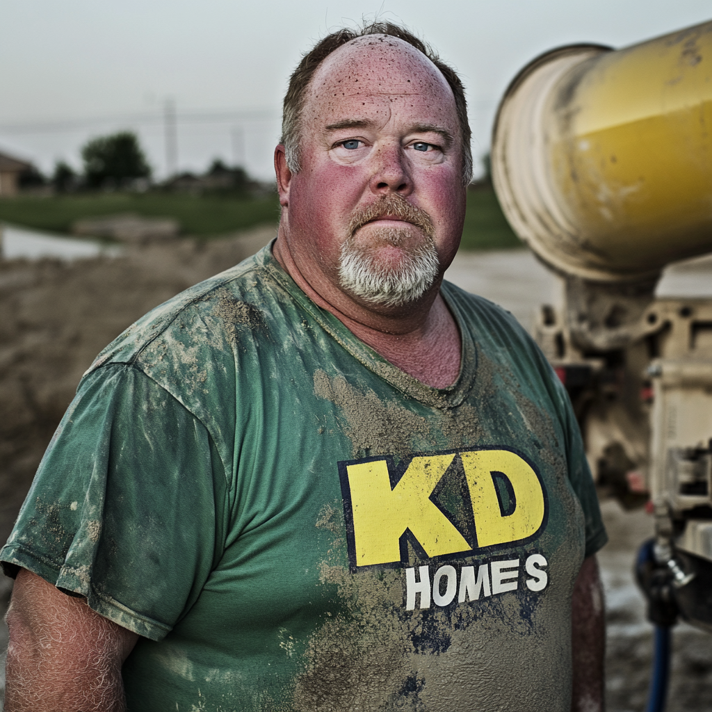 Brian Nobles a real 57 year old obese fat older Caucasian male who is using  a concrete mixer, he is a  pump operator holding the hose which carries the liquid concrete to the foundation pour, Brian is slowly  beginning his transition into his old age, Brian Nobles is beginning to look like a older fat obese man, he has large reflective blue eyes and a wrinkled brow,Brian has a grey beard and is now bald , prominent large protruding round fat obese belly,,thick white goatee beard,decreased muscle mass ,very noticeable male pattern balding hairline, Brian Nobles now has a  prominent receding and thinning male hairline (onset male pattern baldness), slightly fat overweight(Caucasian)wearing tight body conforming  glossy satin shiny green and gold tight fitting body conforming UnderArmour athletic bodysuit,emblazoned with the "KD HOMES" real estate logo, standing confidently in front of a newly completed constructed new KD HOME in Victorville California in a raw desert landscape. Brian has a protruding fat obese muscular physique, large male bulge, fat obese muscular frame , shows a substantial frame with a noticeable mature hairline and expressive eyes. His workman’s  pose should reflect his experience in his trade.