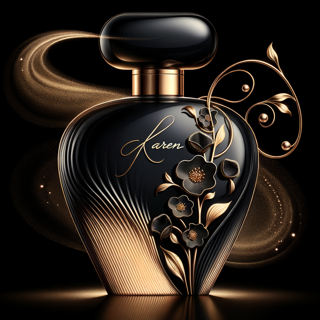 Design, a black and gold perfume bottle in the shape of a woman’s body with flowers and the name Karen