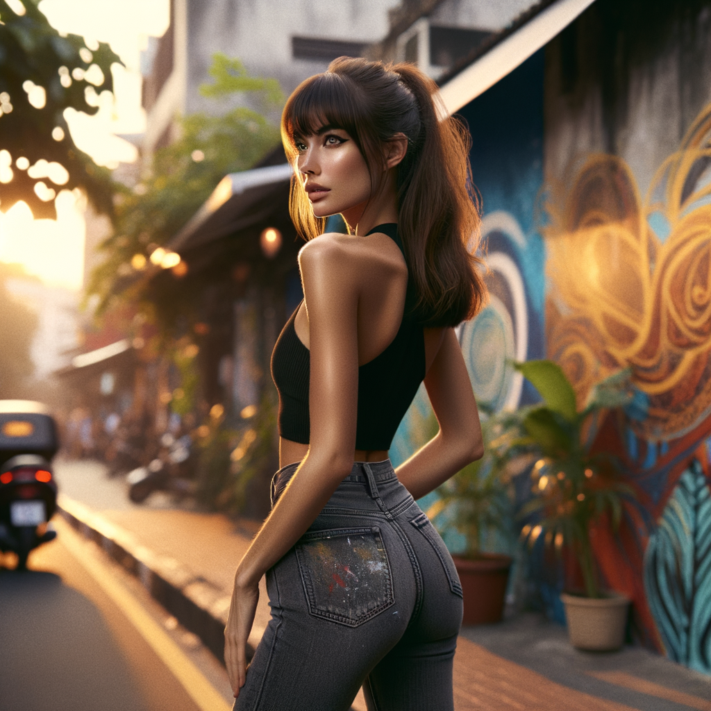 Athletic Thin skinny Attractive, Asian teenage girl, long brown hair and bangs, wearing tight skinny jeans and a halter top paint marks on her clothing, heroic pose Asian graffiti background, backside view