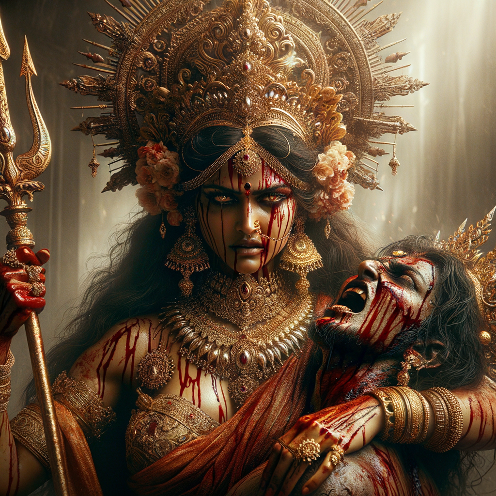 portrait of angry looking goddess durga  carrying a weak mahishasur in her arms and stabbing him with her amazingly designed trident. She is wearing a huge gold crown, red saree, abundant  gold jewelry, covered in blood. The scene is set in ancient India. The image is 8K resolution, cinematic, ultra detailed face and epic.