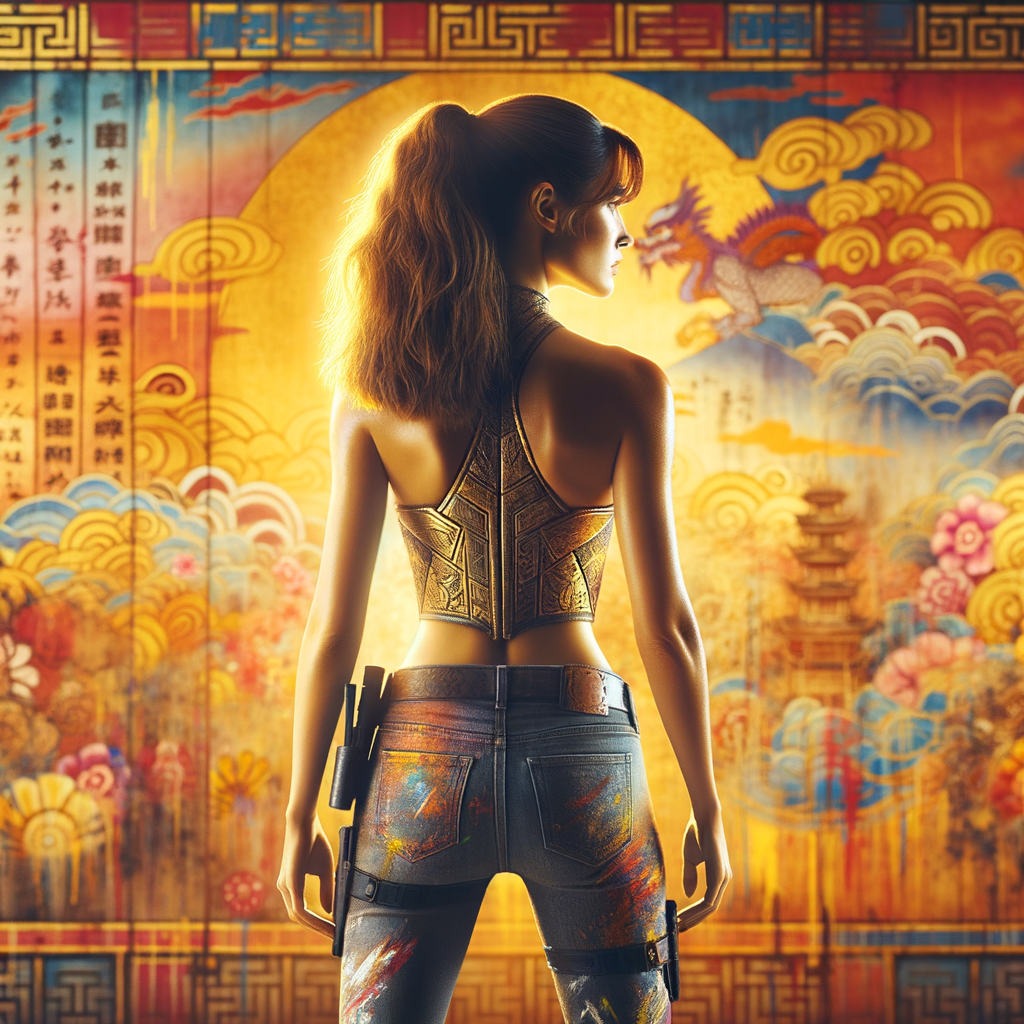 Athletic Thin skinny Attractive, Asian teenage girl, long brown hair and bangs, wearing tight skinny jeans and a halter top paint marks on her clothing, heroic pose Asian graffiti background,  backside view