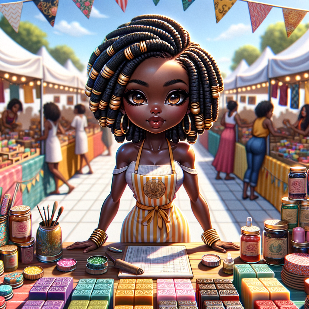 "Envision a digital painting of a vibrant African American chibi character, boasting an athletic yet curvy build. She has wide almond-shaped eyes and luscious full lips. Her hair is elegantly styled into an updo of locs, each adorned with shiny golden cuffs. She stands proudly behind a booth at a bustling craft fair, surrounded by her own handmade colorful soaps and aromatic candles. She wears a branded apron over a cheerful summer dress, actively engaging with customers. The perspective of the artwork is dynamic, with the craft table positioned at an inviting angle, allowing a three-dimensional view of the varied products. Banners flutter above her, displaying the brand name in a festive font. This scene is alive with the fair's energetic atmosphere, focusing on the rich interactions between the creator and her patrons, and showcasing the intricate textures and vivid colors of the crafts."