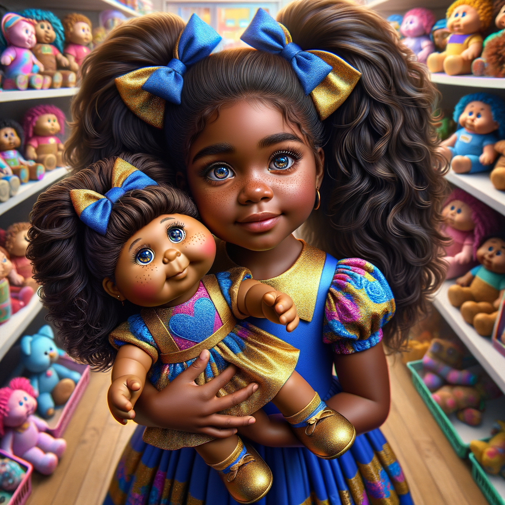 Create a 3-D image of an african-American little girl inside of a medium size, toy store. The little girl has thick long, ponytails and huge blue eyes. She has on a gold and blue jumpsuit with matching bows, She is playing with her favorite african-American cabbage patch doll, the doll has deep, dimples, and freckles and looks just like her