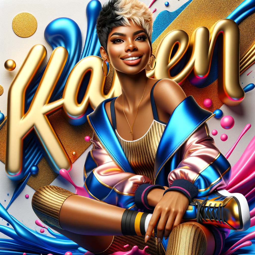 3D writing name "KAREN" bold glossy gold. There is a beautiful African-American latino woman, smiling with a black and blonde pixie cut hairdo,blue and gold trendy jacket and outfits in blue, pink, and gold tones, sport shoes, sitting under the name. Her outfits are glossy. dynamic color explosion background, of pink, blue, gold colors, splashed on white wall