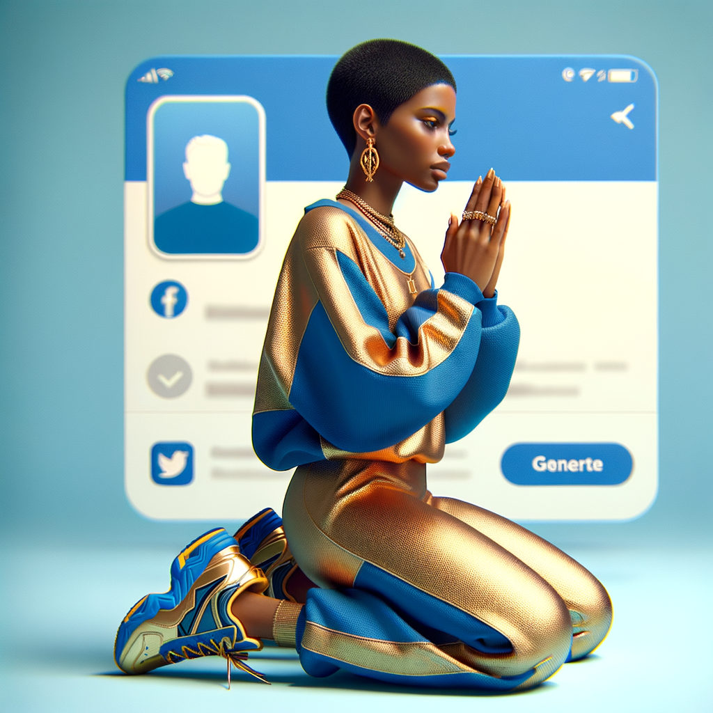 Create a 3D illustration of a realistic light skinned African-American woman on The remote her knees Praying , she has a black pixie cut haircut FACEBOOK social media with a FACEBOOK BACKGROUND . She is wearing a gold and blue jumpsuit and gold and blue Nike gym shoes. The background is a FACEBOOK social media profile with a user name “KAREN SHOWELL ” and profile FACEBOOK Cover