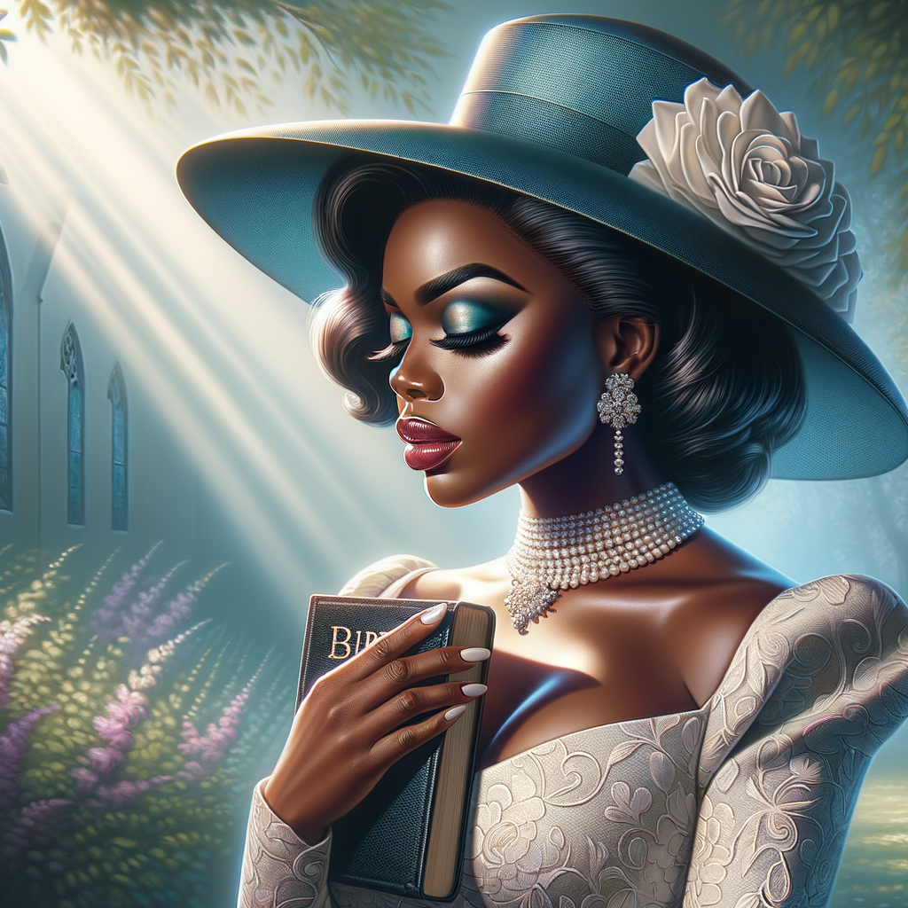 Render an airbrush oil painting of an African American woman with flawless makeup in a
contemplative pose, holding a Bible close to her heart, dressed in an elegant Sunday Best
outfit with a distinctive Church Hat. The background features a peaceful church garden,
with light filtering through the trees, highlighting her spiritual connection and the personal
moment of reflection. The artwork should capture the tranquility of the scene, the beauty
of her attire, and the depth of her contemplation, reflecting a serene and spiritually