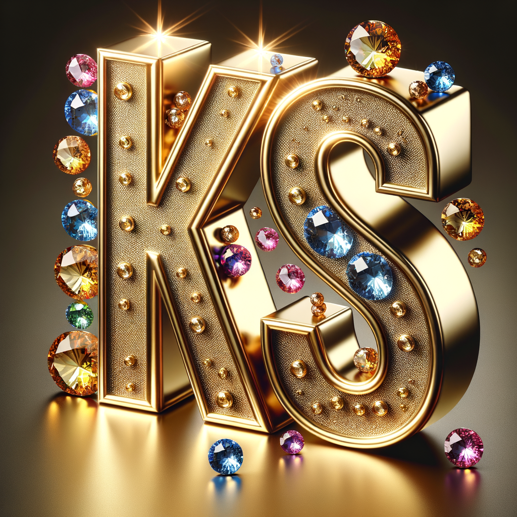 Create a 3-D realistic image with the letters  K.S. in gold raised letters , Add diamonds and colorful jewels