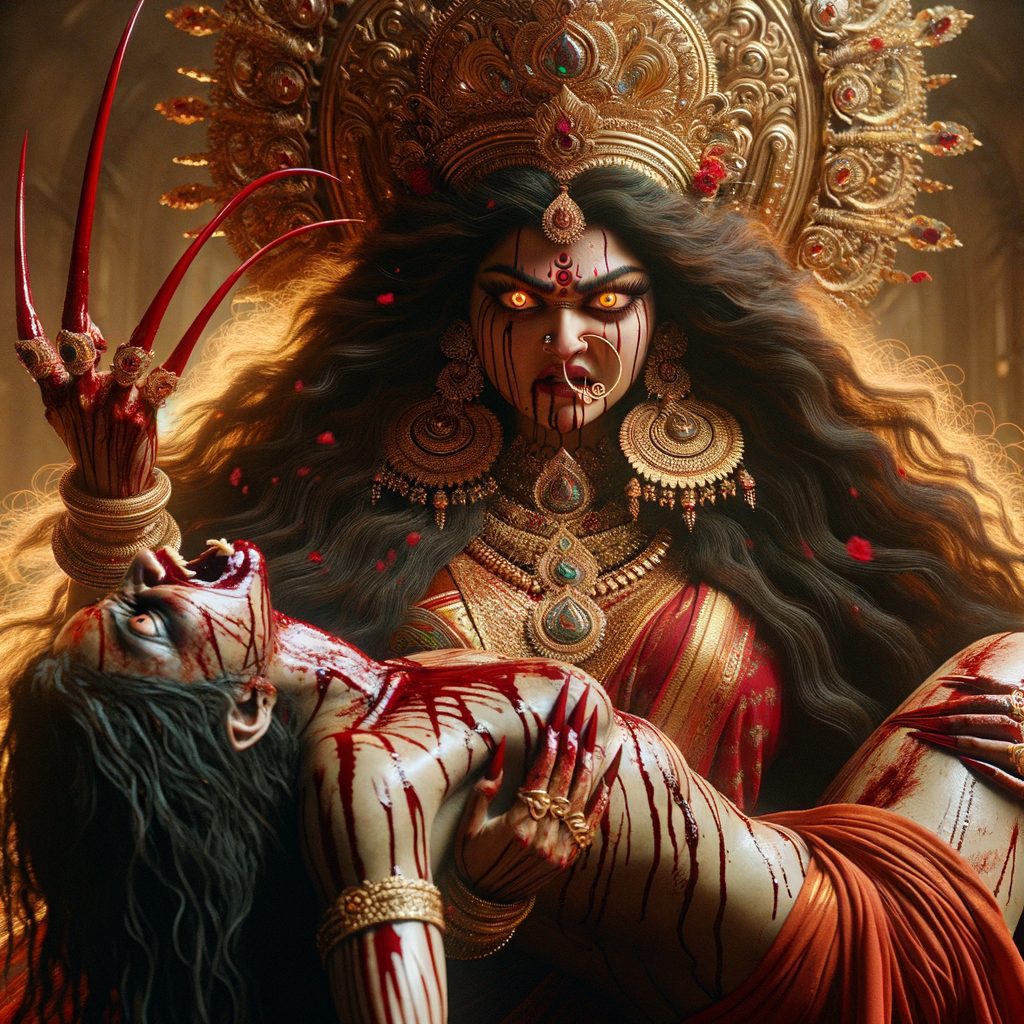 portrait of angry looking goddess durga  carrying a weak mahishasur in her arms and poking him with her amazingly long red fingernails. She is wearing a huge gold crown, red saree, abundant  gold jewelry, covered in blood. The scene is set in ancient India. The image is 8K resolution, cinematic, ultra detailed face and epic.